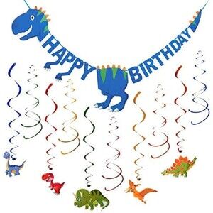 Dinosaur "Happy Birthday" Banner & 15 Pre-Assembled Dino & Swirl Decorations DIY